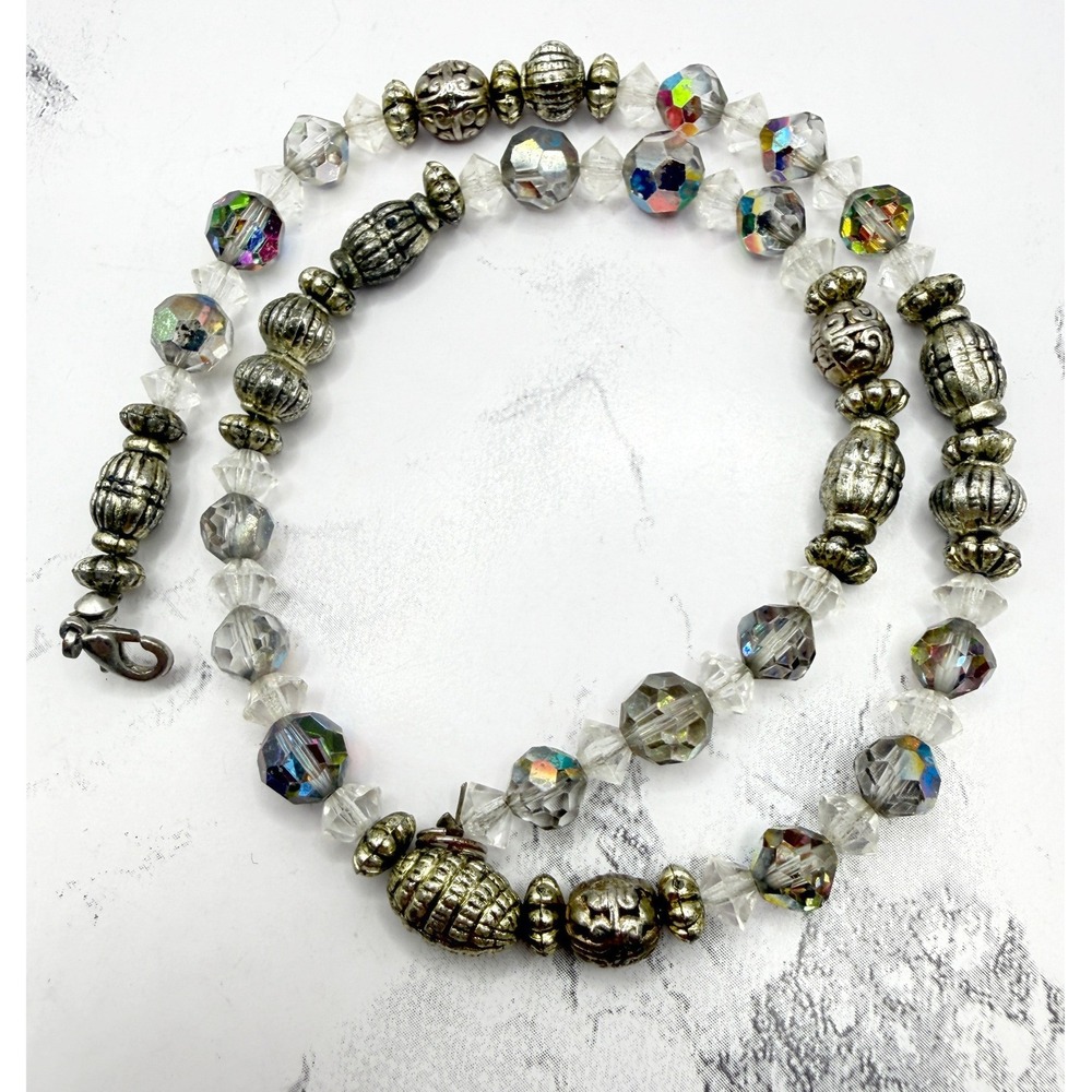 AB Crystal Beaded Necklace Clear Glass Beads Silver Spacer Vintage Style 16"